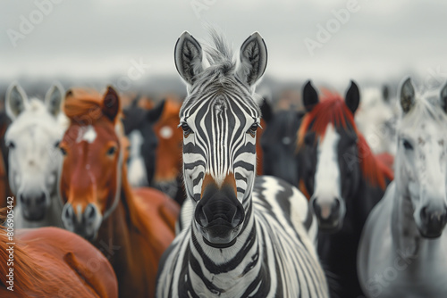 Standing out from the crowd concept with zebra in heard of horses photo