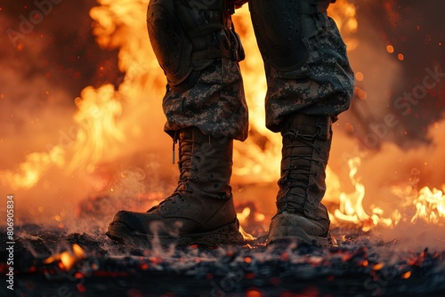 military boots stands in front of a blazing fire  photo