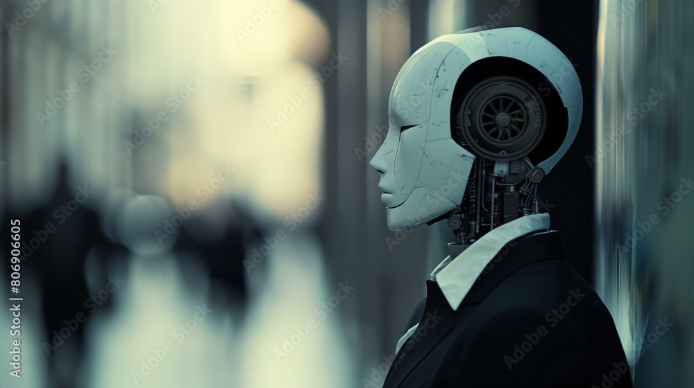 Sentient concept, robot waiting for someone on blurred background, efficiency productivity growth success leadership Sentient concept, robot waiting for someone on blurred background, efficiency productivity growth success leadership