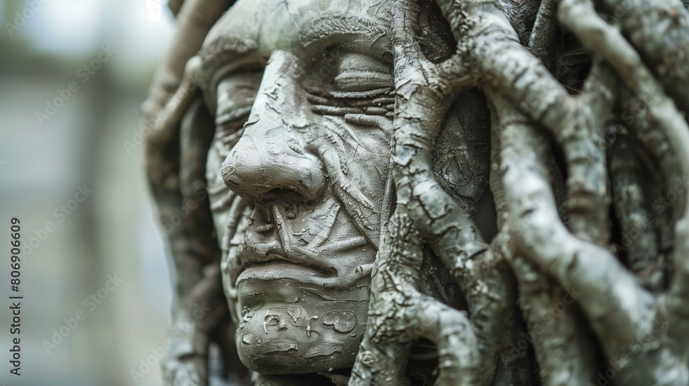 Sentient concept, idea of man's face made of tree roots, separation unity diversity strength weakness Sentient concept, idea of man's face made of tree roots, separation unity diversity strength weakness