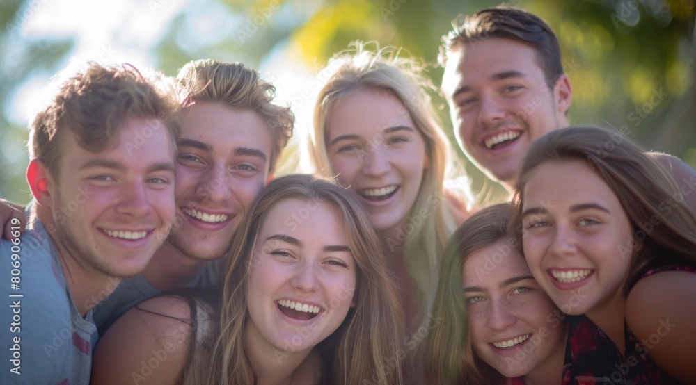 A group of young friends smiling and posing for the camera, showing their bright smiles with white teeth. generative AI A group of young friends smiling and posing for the camera, showing their bright smiles with white teeth. generative AI