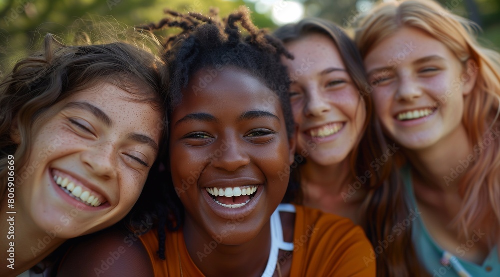 A group of young friends smiling and posing for the camera, showing their bright smiles with white teeth. generative AI A group of young friends smiling and posing for the camera, showing their bright smiles with white teeth. generative AI