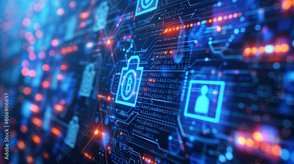 Fototapeta premium Blockchain identity management technology, blue orange glowing digital cyberspace with padlock and binary code, phishing malware ransomware virus encryption