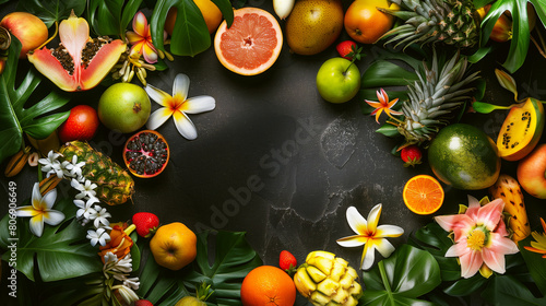 Vibrant tropical fruits and flowers arranged on a dark background, creating a fresh, exotic display.
