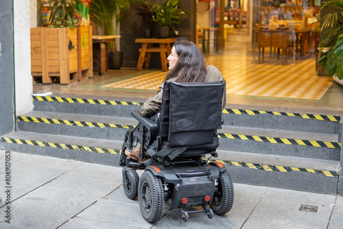 restricted wheelchair access to a municipal market. Woman in electric wheelchair with gesture of dissatisfaction