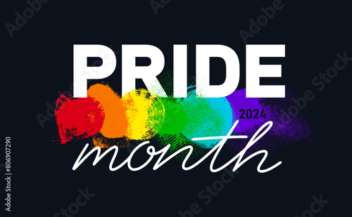 LGBT Pride Month 2024 concept with rainbow flag colored brush. LGBTQIA Pride colorful wave background. Rainbow colorful brush stroke, gay pride, LGBTQ themed multiple colors.
