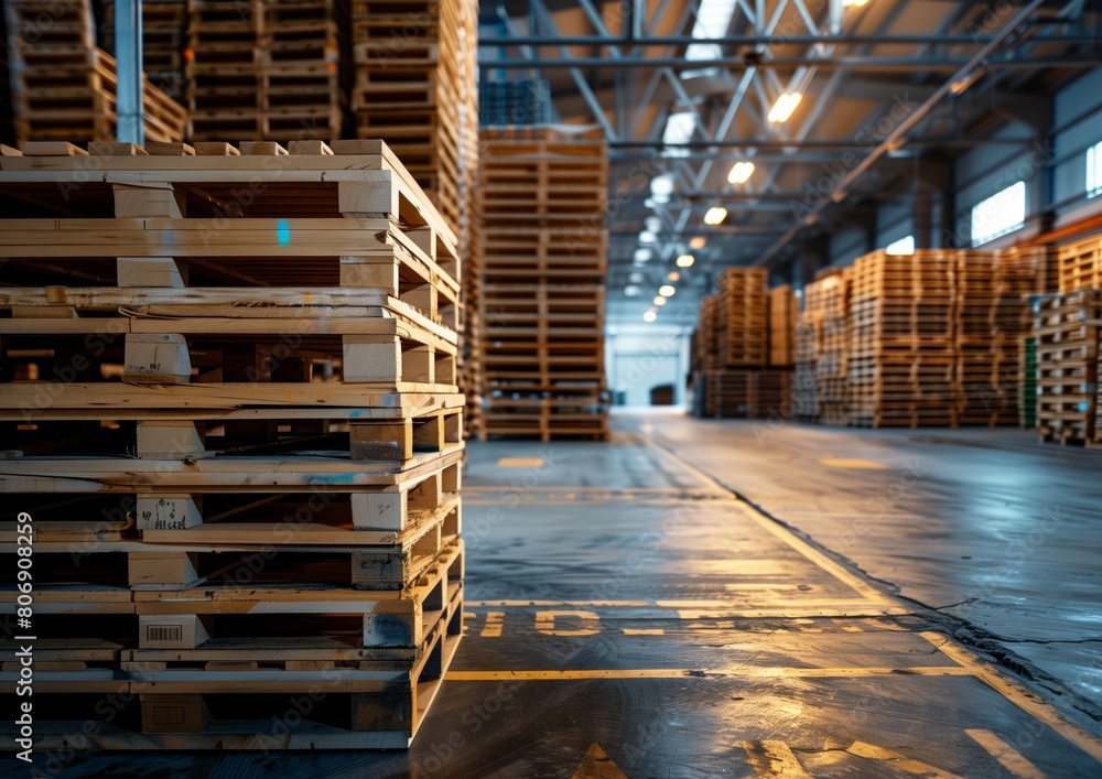 Industrial Warehouse Interior with Stacks of Wooden Pallets Ready for Shipping. Industrial Warehouse Interior with Stacks of Wooden Pallets Ready for Shipping.