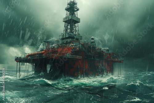 Oil rig in the stormy ocean, surrounded by towering waves and dark skies © Vladimir