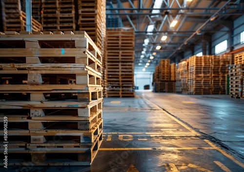 Industrial Warehouse Interior with Stacks of Wooden Pallets Ready for Shipping. © Qstock