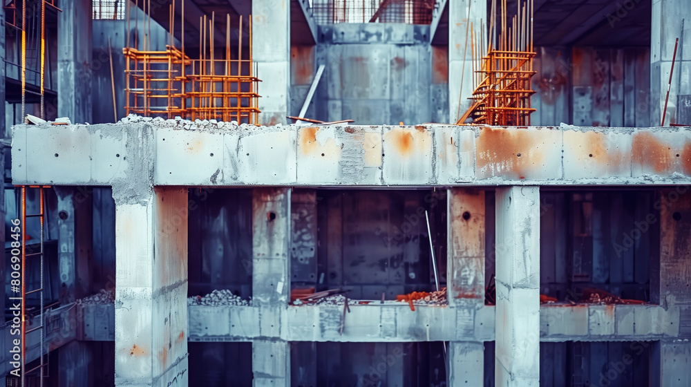 View of Detailed view of a construction site with exposed concrete beams and ...