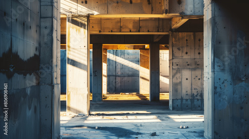 Sunlight casting long shadows inside a spacious, abandoned concrete building with visible wear and stains.