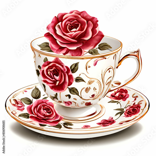 pink gold and white teacup and saucer plate collection red rose floral pattern design premium,Saucer tea cups coffee vintage table background teacup china antique white porcelain,generate ai
