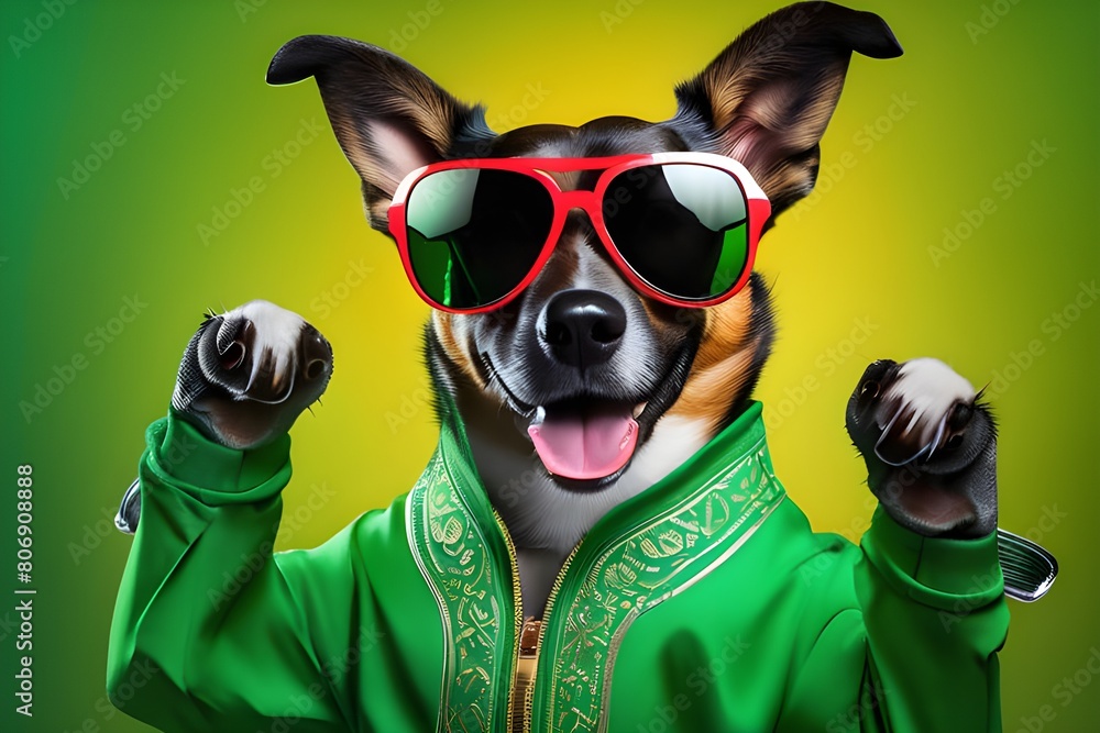 White dog dancing on a green backdrop while wearing brightly colored clothes and shades