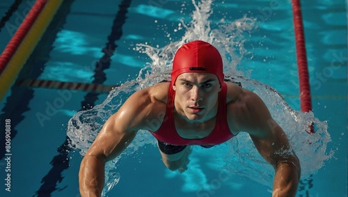 Top view of muscular, athletic young man, swimmer in red cap in motion, showing strength, training, swimming in pool indoors, Concept of professional sport, health, endurance, active lifestyle