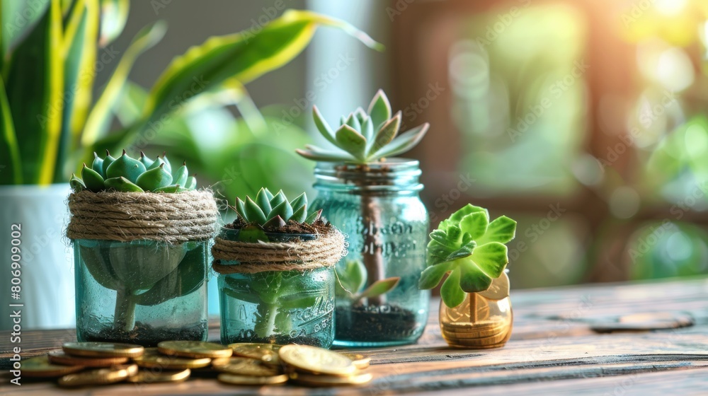 Tender plants in transparent glass pots on a wooden table Tender plants in transparent glass pots on a wooden table