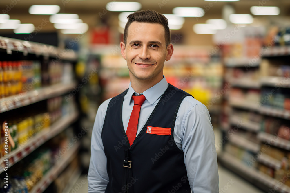 Friendly experienced supermarket store department worker professional at workplace Generative AI illustration