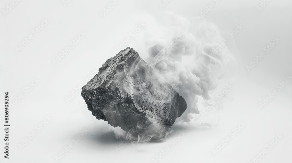 Close-up of a coal piece emitting smoke against a stark white background, symbolizing air pollution from fossil fuels Close-up of a coal piece emitting smoke against a stark white background, symbolizing air pollution from fossil fuels