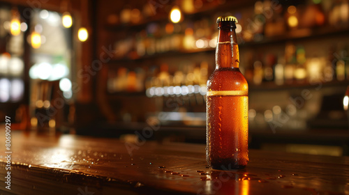 Chilled beer bottle on a wooden bar with a blurred background of a bar shelf.