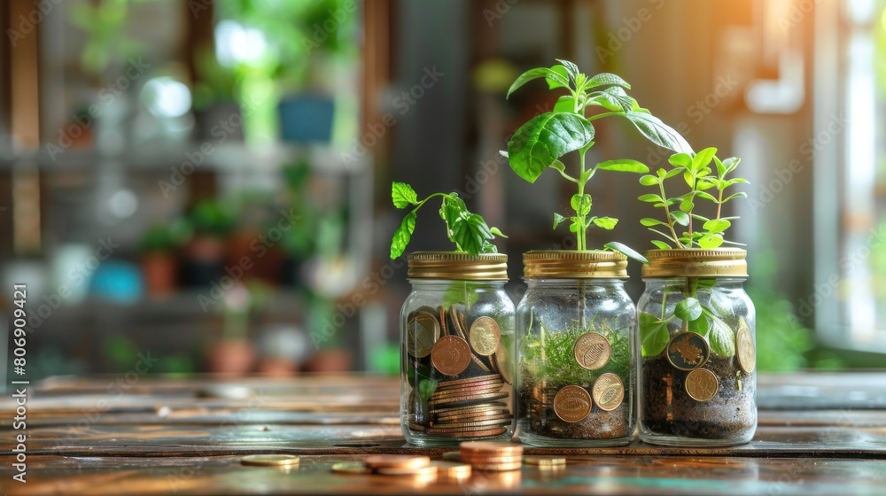 Gold coins in transparent jar with plants growing over, finance and investment concept Gold coins in transparent jar with plants growing over, finance and investment concept