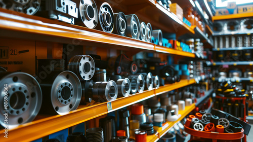 A well-organized industrial parts store with shelves stocked with various machine parts.