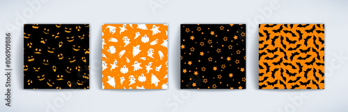 Cute Halloween seamless patterns set. Vector black and orange prints with flying ghost, scary faces, bats and stars. Spooky cartoon texture for wrapping, fabric, greeting design, holiday decoration.