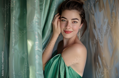 A beautiful woman peeking out from behind the curtain with her hands on her face, wearing an elegant green dress and long nails.