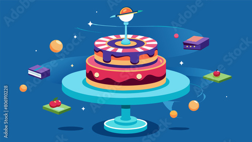 An interactive cake with rotating layers allowing guests to spin their favorite music while enjoying the delicious dessert. Vector illustration