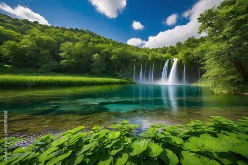 waterfall early in the springtime in the woodland  A gushing waterfall encircled by trees in blossom