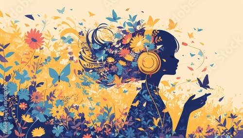 illustration of retro flower power woman with headphones, long hair flowing in the wind