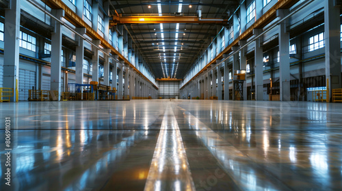 Spacious and empty industrial warehouse interior with glossy reflective floor and high ceilings.