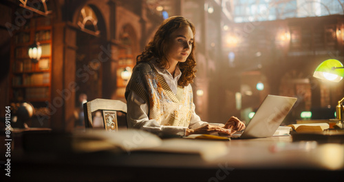 Focused Young Woman Writing in a Majestic Library, Surrounded by Bookshelves with Smart Knowledgable Books, Symbolizing Creativity and the Pursuit Of Literary Success photo