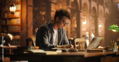 Concentrated Young Caucasian Male Student Engaged in Academic Research in a Classic Library, Using Laptop and Books for Studying. Scholar Writing Notes, Surrounded by Wooden Shelves Filled with Books.