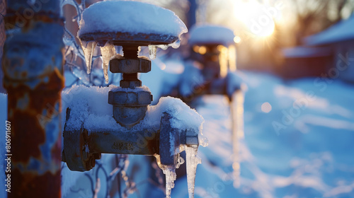 Rusty industrial pipes with valves covered in snow and icicles  highlighted by a sunrise.
