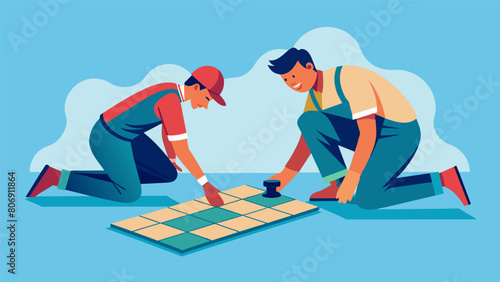 Seemingly effortless the workers glide across the floor placing each tile with practiced grace.. Vector illustration
