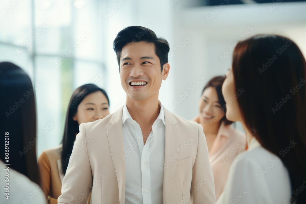 an Asian businessman in white suit shares insights and exchanges smiles with a conversation partner, fostering meaningful dialogue in the realm of business. an Asian businessman in white suit shares insights and exchanges smiles with a conversation partner, fostering meaningful dialogue in the realm of business.