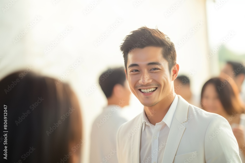 an Asian businessman in white suit shares insights and exchanges smiles with a conversation partner, fostering meaningful dialogue in the realm of business. an Asian businessman in white suit shares insights and exchanges smiles with a conversation partner, fostering meaningful dialogue in the realm of business.