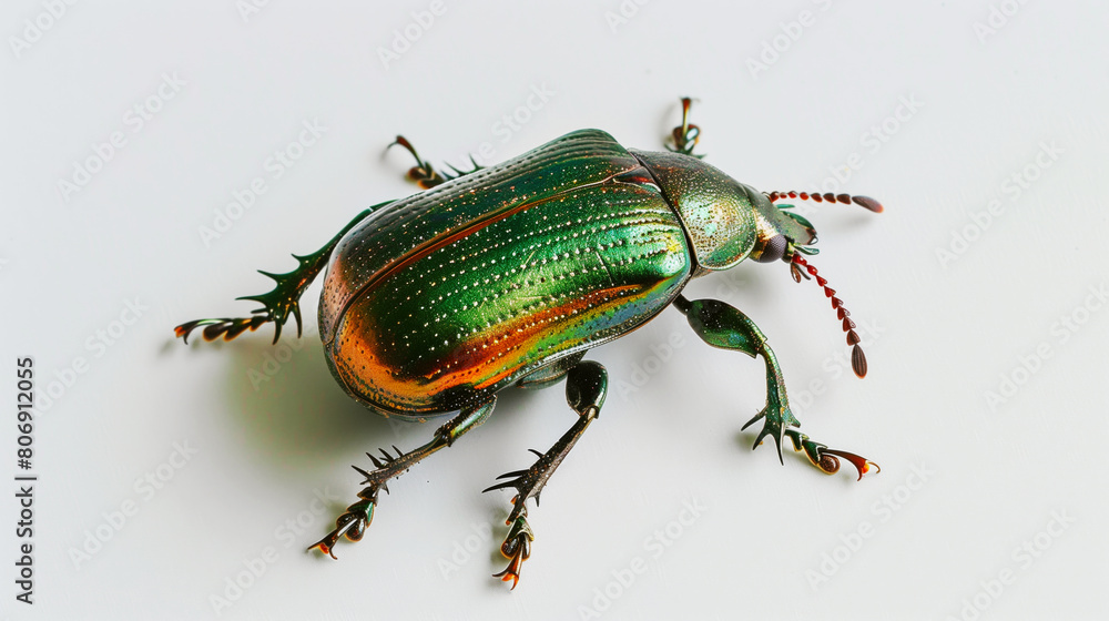 Fototapeta premium Close-up image of a vibrant, metallic green beetle on a plain white background.