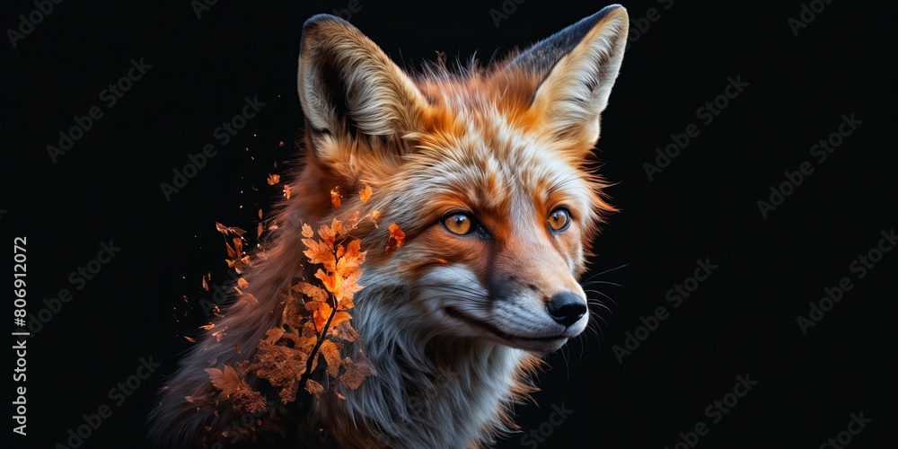 fox with orange and yellow autumn leaves on its fur against a black background. fox with orange and yellow autumn leaves on its fur against a black background.