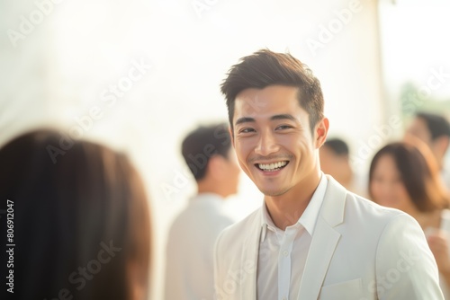 an Asian businessman in white suit shares insights and exchanges smiles with a conversation partner, fostering meaningful dialogue in the realm of business.