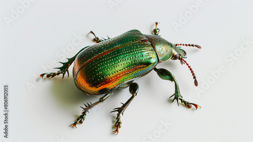 Close-up image of a vibrant, metallic green beetle on a plain white background. photo