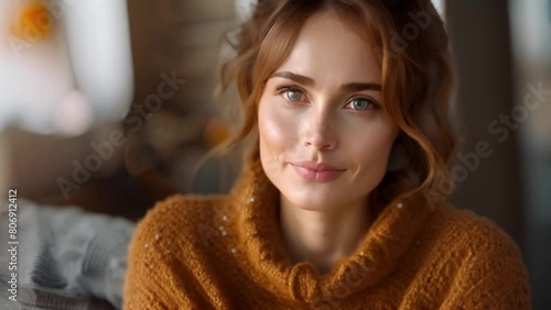 Portrait of anxious woman in 50s with generalized anxiety disorder in cozy sweater. Concept Mental Health, Generalized Anxiety Disorder, Portrait Photography, Cozy Sweater, Middle-aged Woman photo