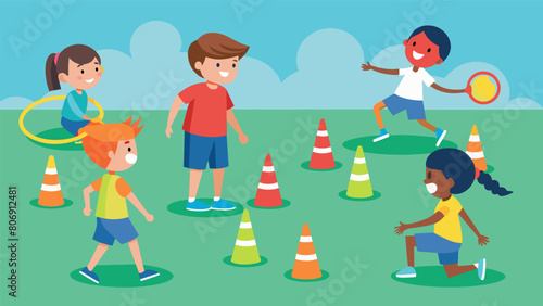 With colorful cones and hoops tered across the turf kids practice their agility and coordination skills during a funfilled coaching session.. Vector illustration