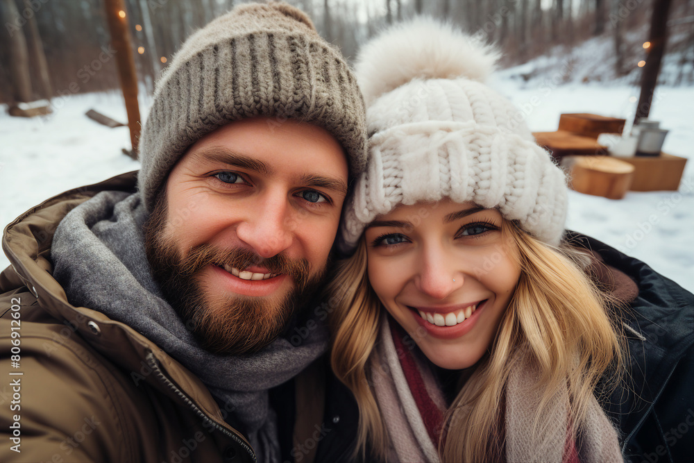 Generated with AI image of a beautiful cheerful couple walking enjoying winter picnic outdoors Generated with AI image of a beautiful cheerful couple walking enjoying winter picnic outdoors