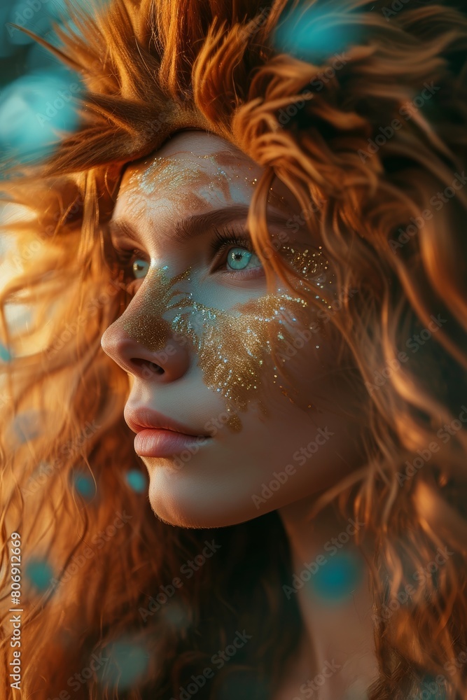Golden Lioness: Woman with Lion Mane Headdress and Character Makeup in Leo Zodiac Theme Golden Lioness: Woman with Lion Mane Headdress and Character Makeup in Leo Zodiac Theme