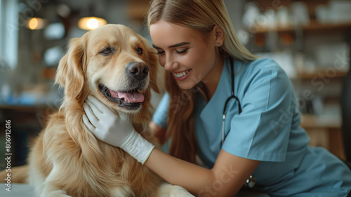 Vet woman doing check up in clinic for golden retriver. photo
