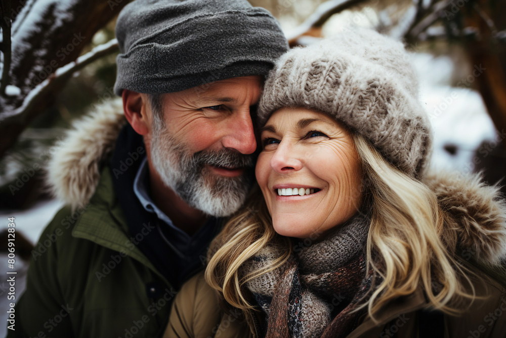 Generated with AI image of a beautiful cheerful couple walking enjoying winter picnic outdoors Generated with AI image of a beautiful cheerful couple walking enjoying winter picnic outdoors