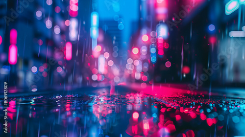 Neon lights reflecting on wet streets at night. Cyberpunk background.
