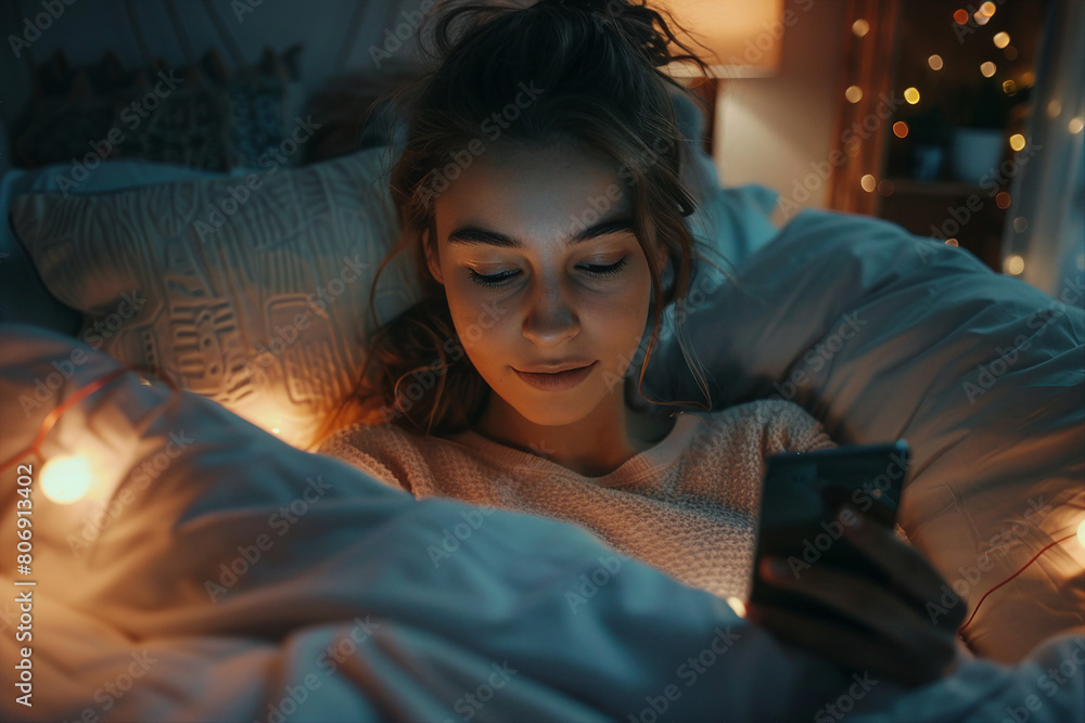 Generative AI illustration happy homey sleepy person lying in bed browsing laptop smartphone lazy morning evening Generative AI illustration happy homey sleepy person lying in bed browsing laptop smartphone lazy morning evening