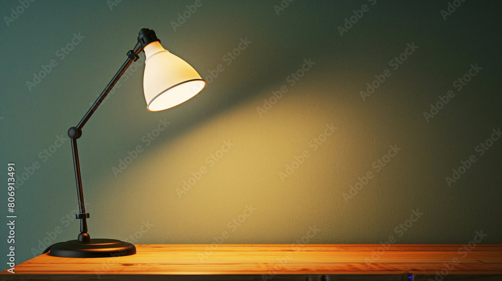 A lit desk lamp with an adjustable arm stands on a wooden table against a green wall, illuminating softly. A lit desk lamp with an adjustable arm stands on a wooden table against a green wall, illuminating softly.