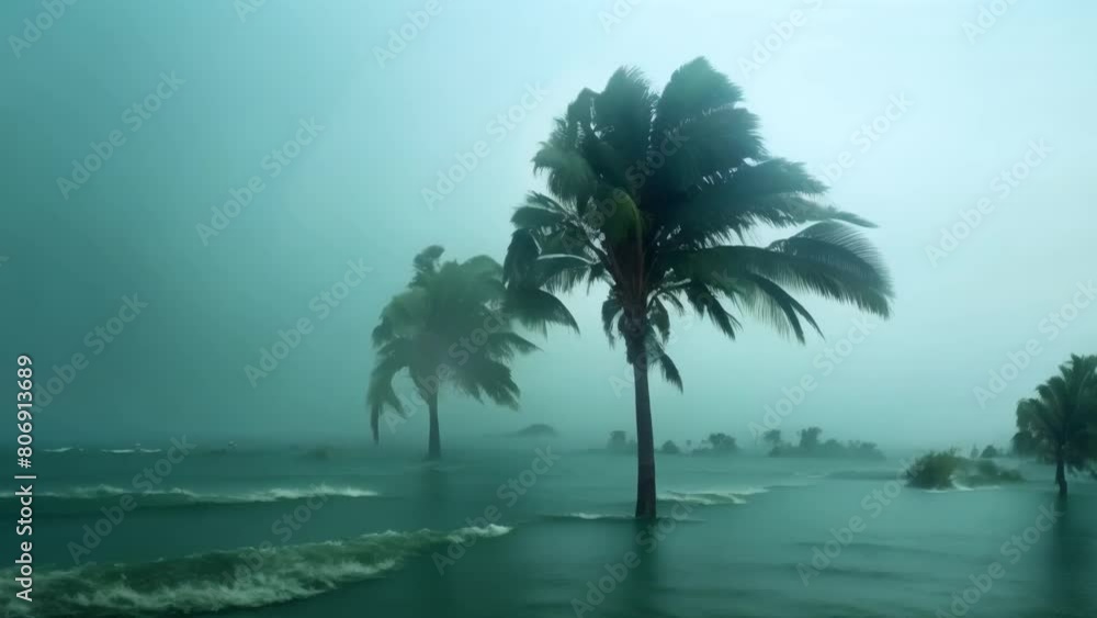 Resilient palm trees withstand hurricane winds in the storm. Concept